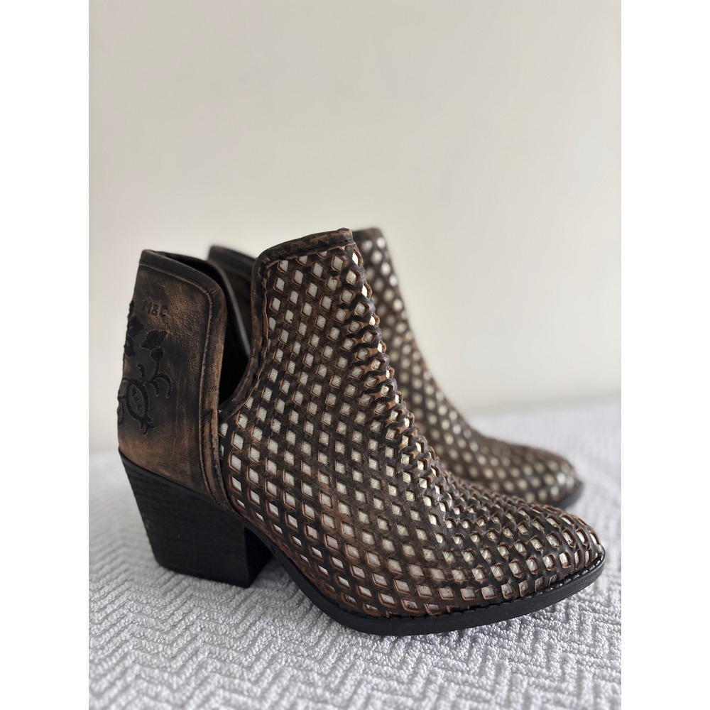 Musse & Cloud Brown Woven Leather Floral Embroidered Ankle Boots Size 39 EU 8 US